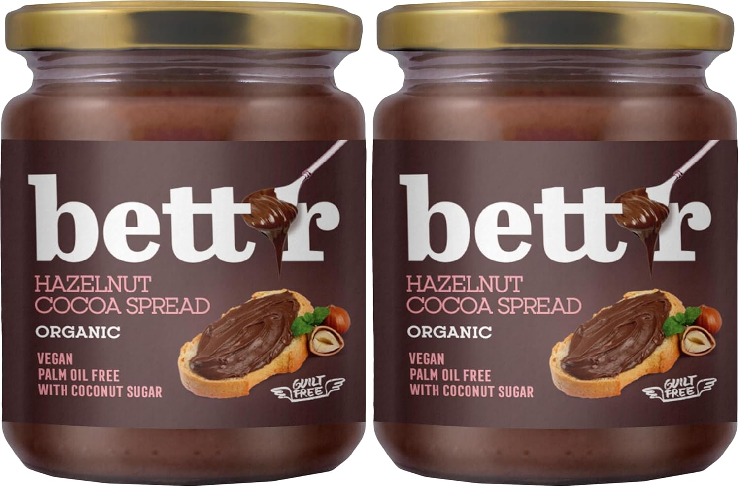 Bett’r Hazelnut Cocoa Cream - 100% Organic, Vegan and Palm Oil Free. Sweetened with Coconut Sugar - 250g (Pack of 2)