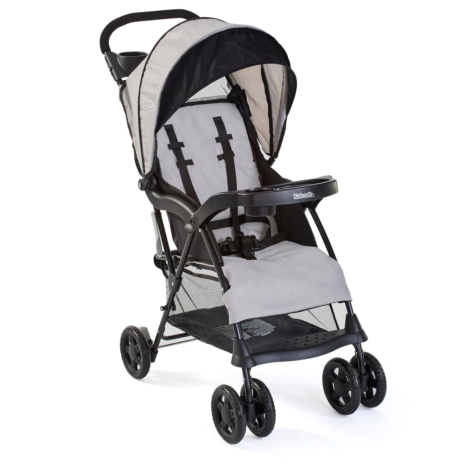 Kolcraft Cloud Plus Lightweight Toddler Umbrella Baby Stroller with Large Storage Basket and Canopy, Reclining Seat, Child and Parent Trays, Compact Easy Fold for Summer Travel - Slate Gray