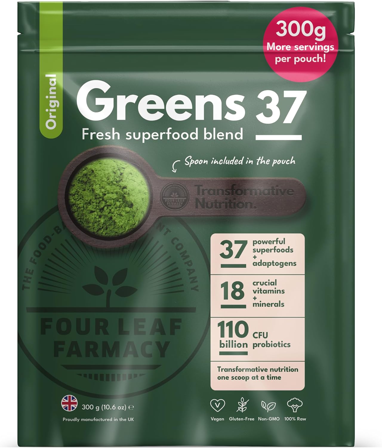 Greens Powder - Made in UK with 37 superfoods - 300g High Dosage Servings - Vegan Gluten Free Greens Powder- Daily Vitamins, probiotics for Gut Health - with KSM-66® Ashwagandha and Lions Mane