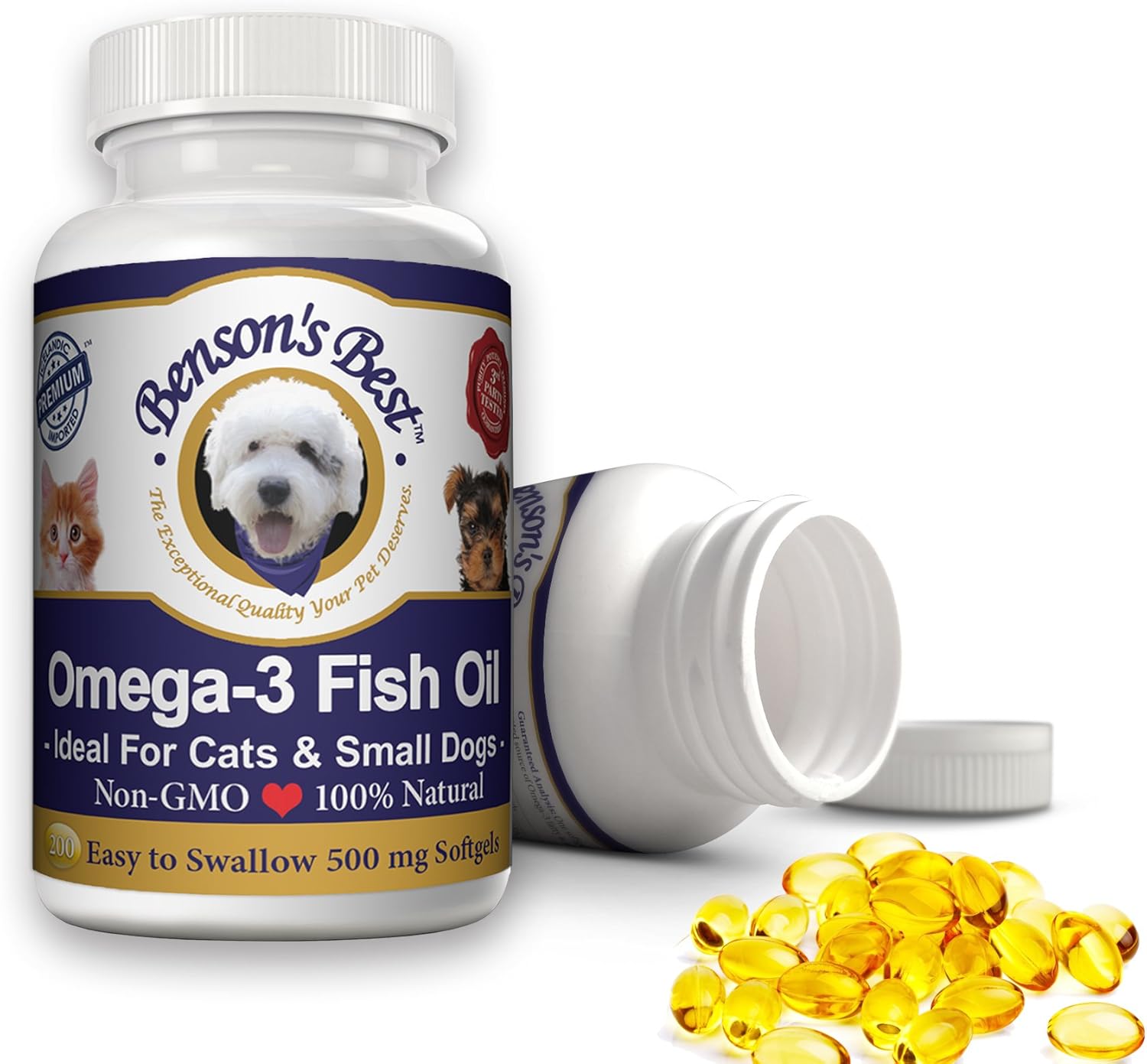 Benson's Best Omega 3 Fish Oil for Cats & Small Dogs - 200 Softgels 500mg - 43% More Omega 3 Fatty Acids Than Salmon Oil - 100% Pure, Non-GMO, Natural Pet Food Supplements
