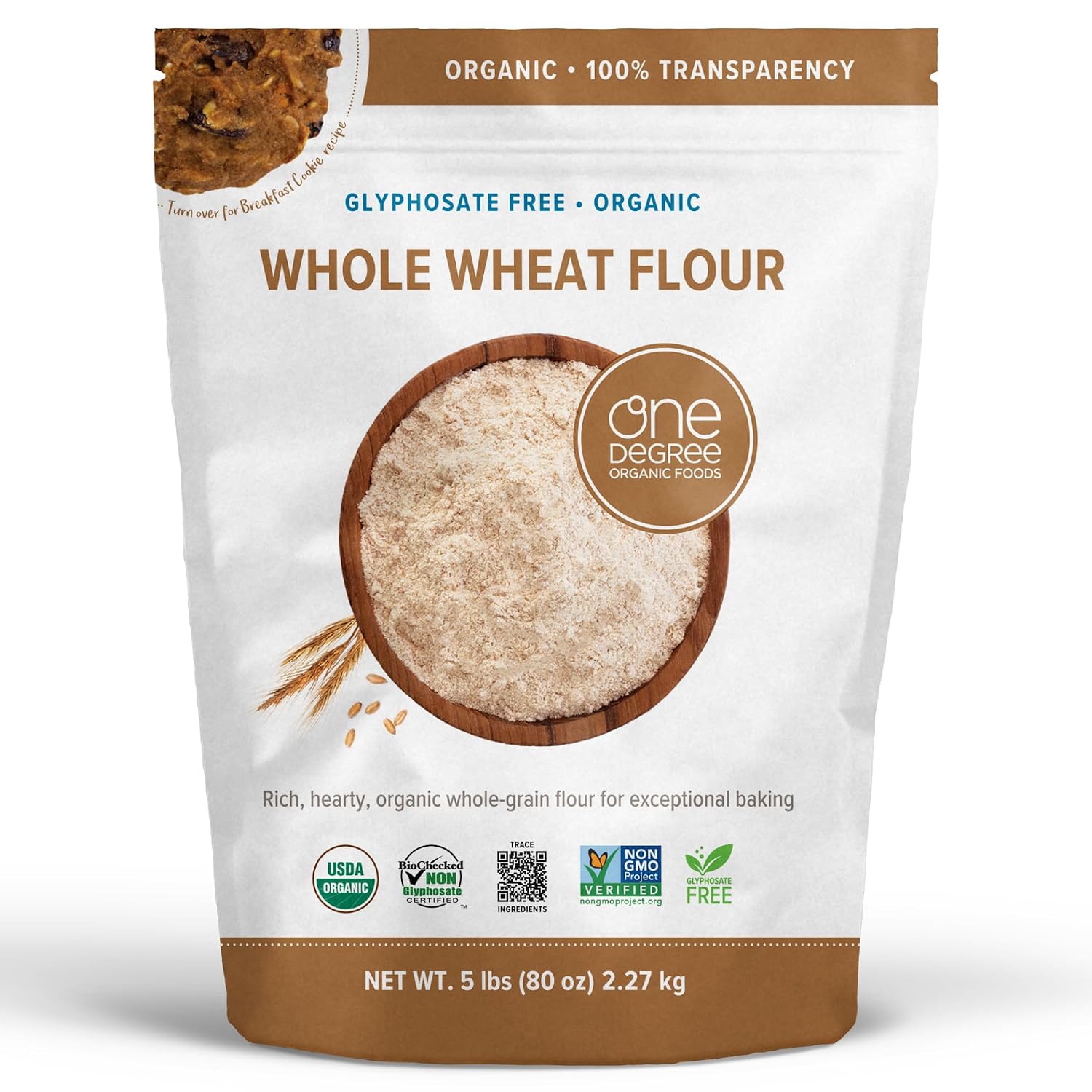One Degree Organics Organic Whole Wheat Flour, 80oz, 4-Pack | Whole Grain Baking Flour, Glyphosate-Free, USDA Organic, Non-GMO, Vegan, Kosher, White Flour Alternative