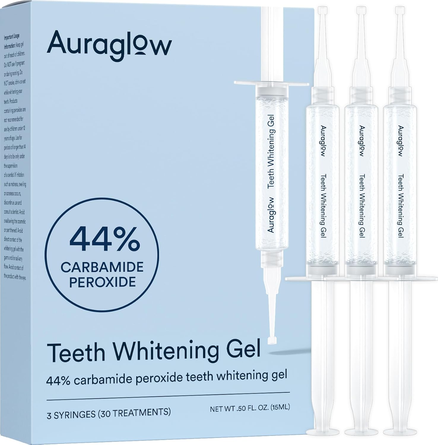 Auraglow 44% Teeth Whitening Gel for Trays, Retainers & Aligners – Dentist Strength Carbamide Peroxide Whitener, 30 Treatments, 3 Syringes (5mL)