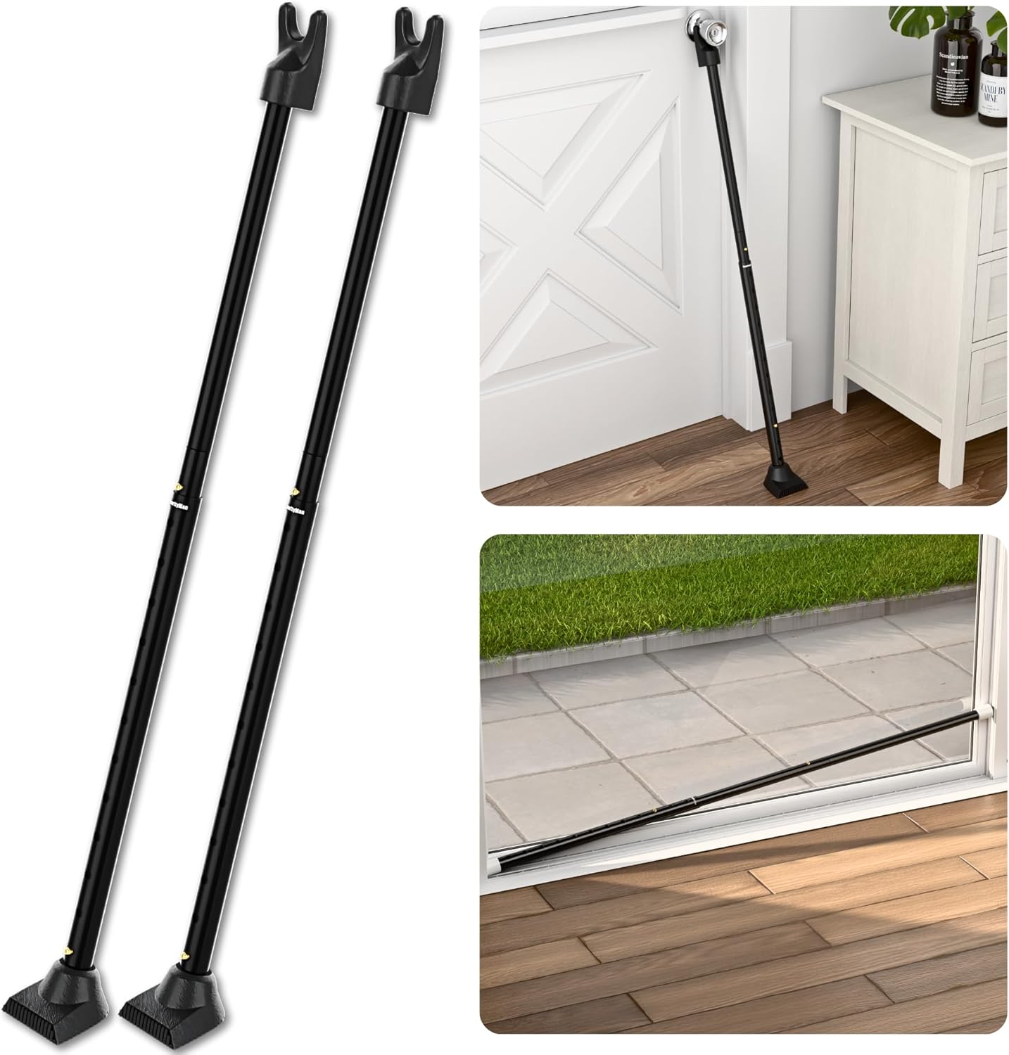 SECURITYMAN 2-in-1 Door Security Bar & Sliding Patio Door Security Bar (2 Pack) via Interchangeable Caps - Heavy Duty Iron Construction Door Stoppers for Home, Apartment, Travel Hotel - Black