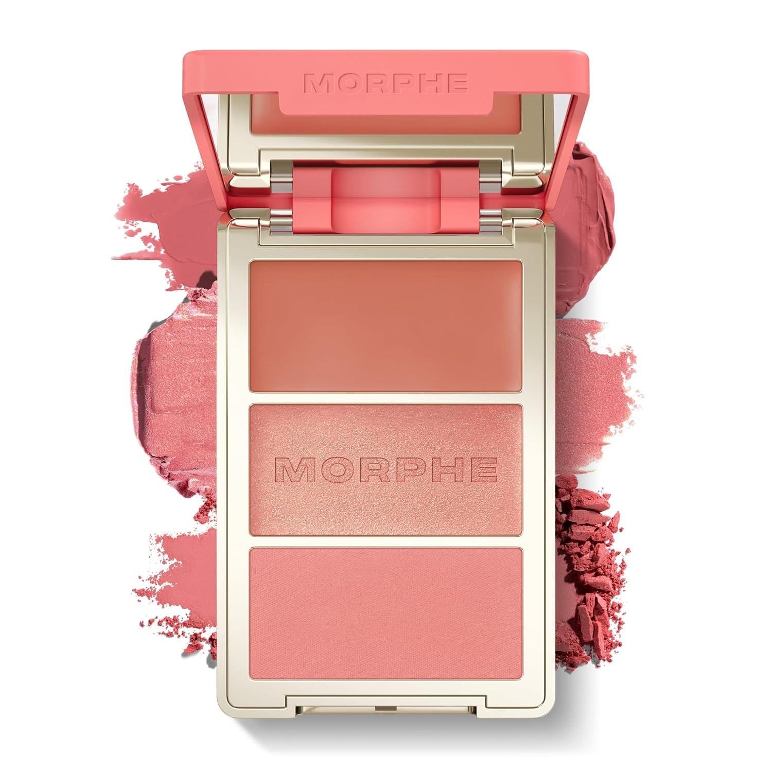 Morphe Cheek Thrills Multi-Finish Face Trio - Blush for Cheeks with Cream, Balm, and Powder Finishes - Buildable Monochromatic Face Palette for Glow and Dimension - Beach Bonfire (0.38 oz)