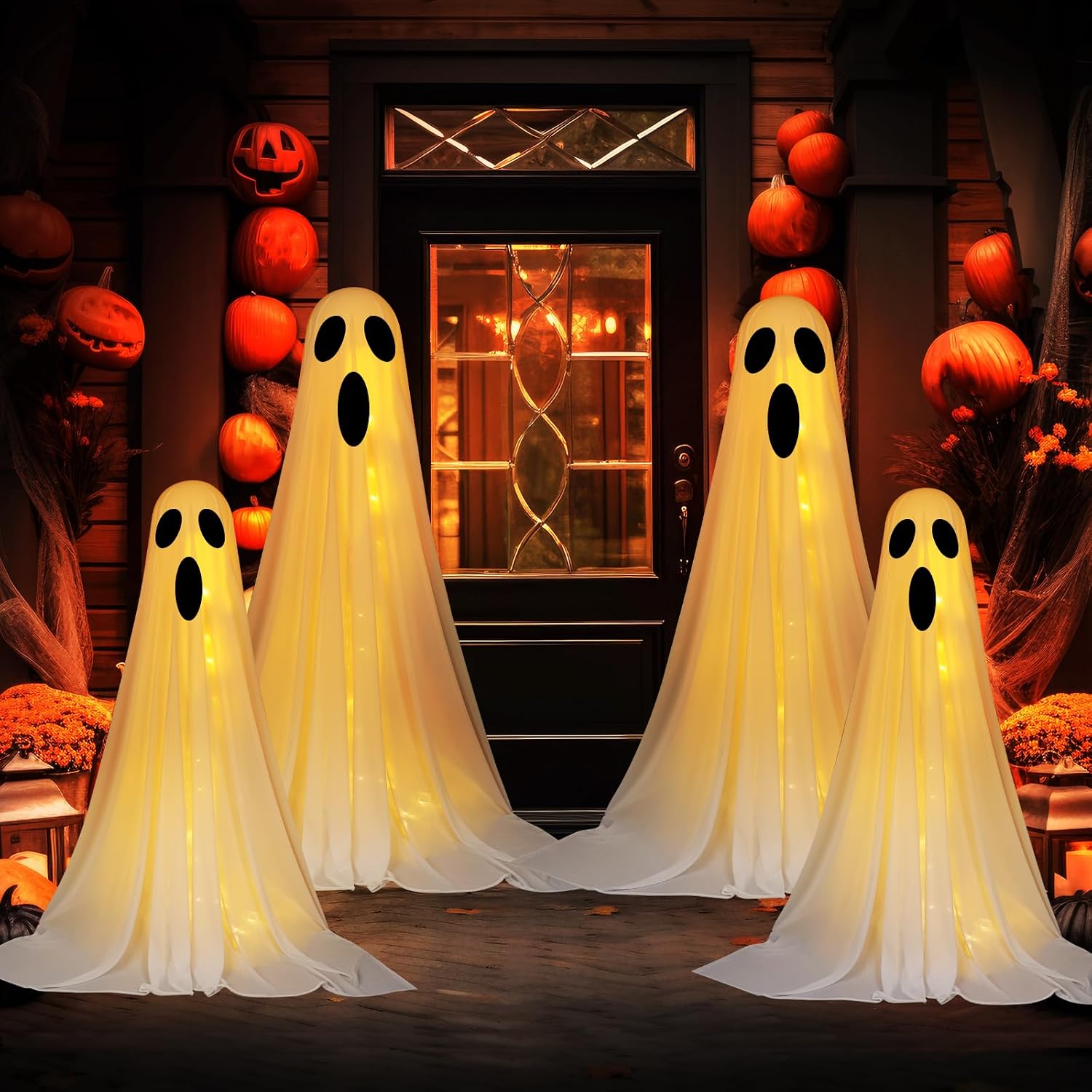 4 Set Halloween Ghost Decorations Indoor Outdoor DIY Large Lighted White Cloth Ghosts with String Lights Light up Decoration for Halloween Party Porch Yard 3ft and 5ft
