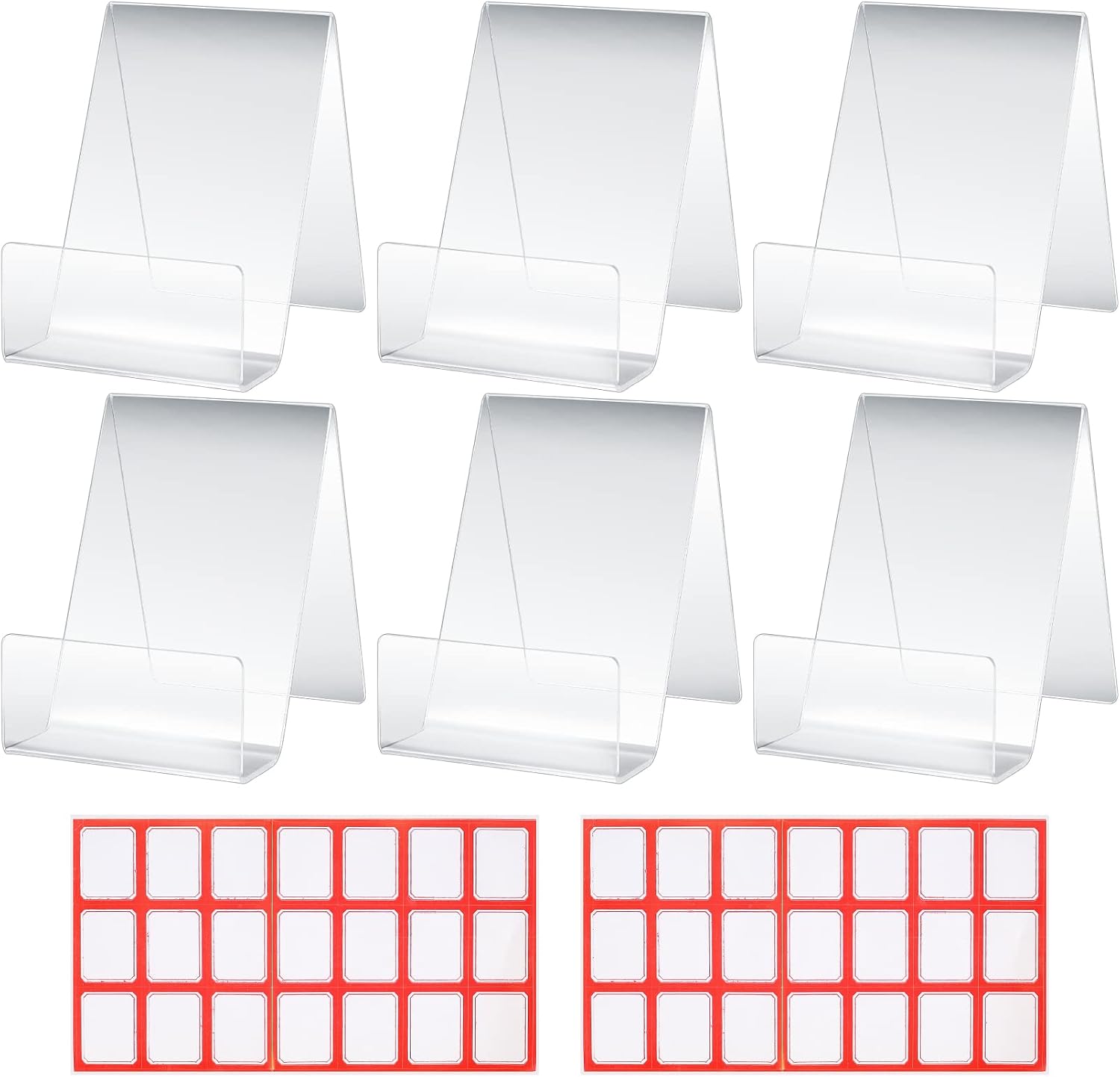 6 Pcs Clear Acrylic Book Stands, Display Stands, Message Holders, Menu Counter Poster Leaflet Sign Table Display Holder Stands for Shop Bookstore School, with 2 Sheets Labels(7.5 x 3 x 10.7cm)