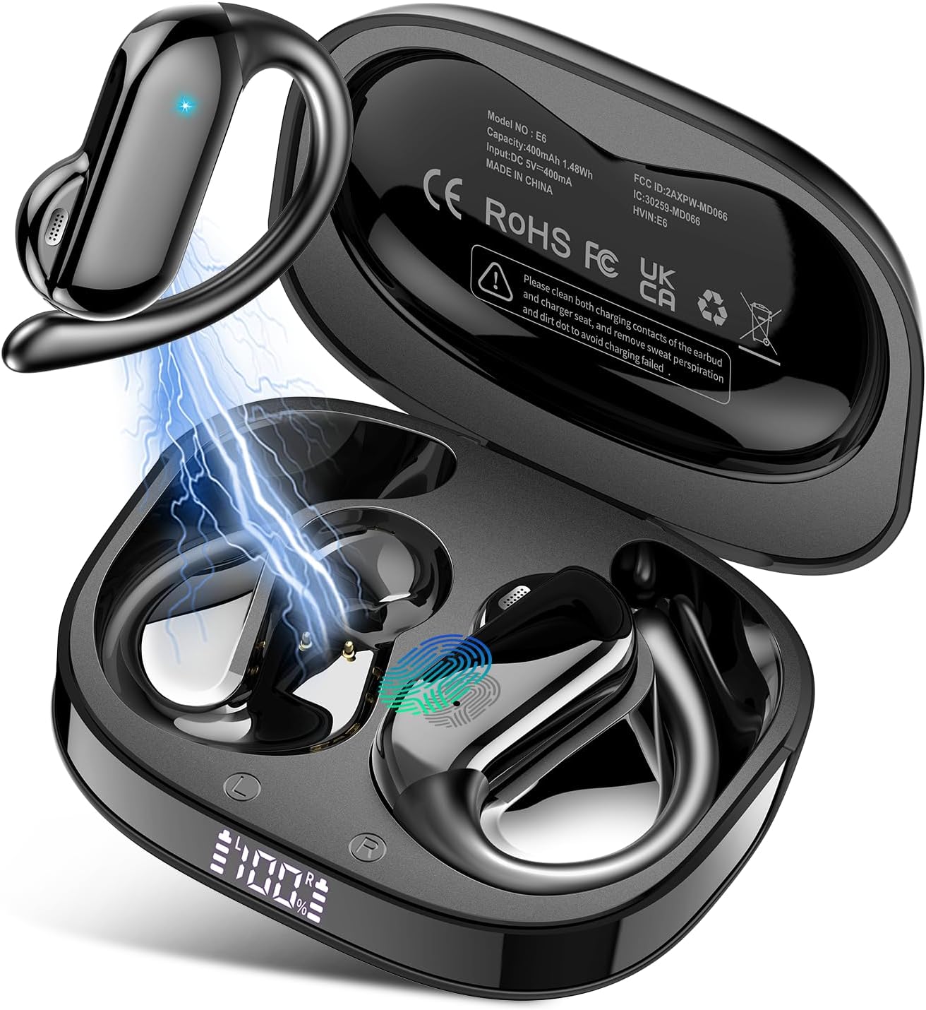 Open-Ear Headphones, Bluetooth 5.4 Wireless Earbuds with Clear Calls, 32H Open Ear Earbuds with Ear Hooks, IPX7 Waterproof Lightweight Sport Earphones for Workouts/Running/Fitness/Black