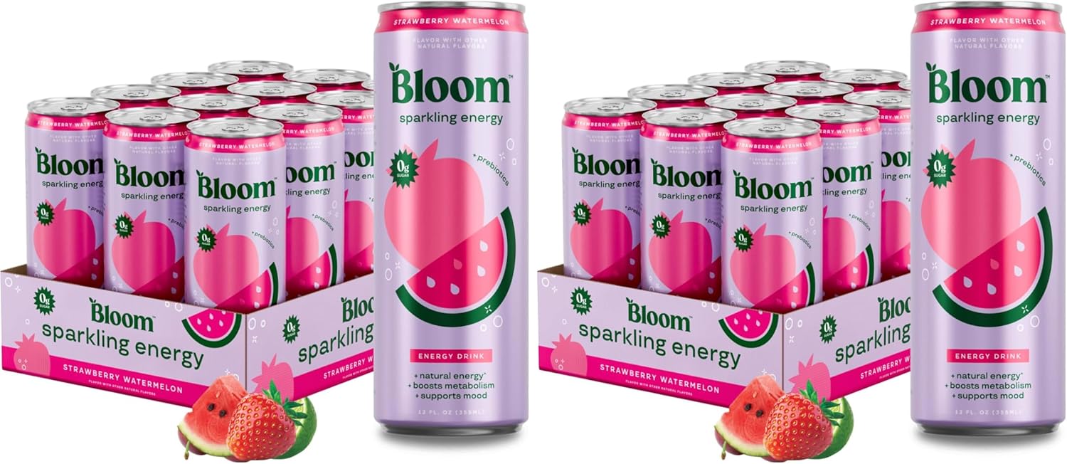 Bloom Nutrition Sparkling Energy Drink, Zero Sugar, 180mg Caffeine | Strawberry Watermelon | 12oz | 24 Pack | Antioxidant-Rich