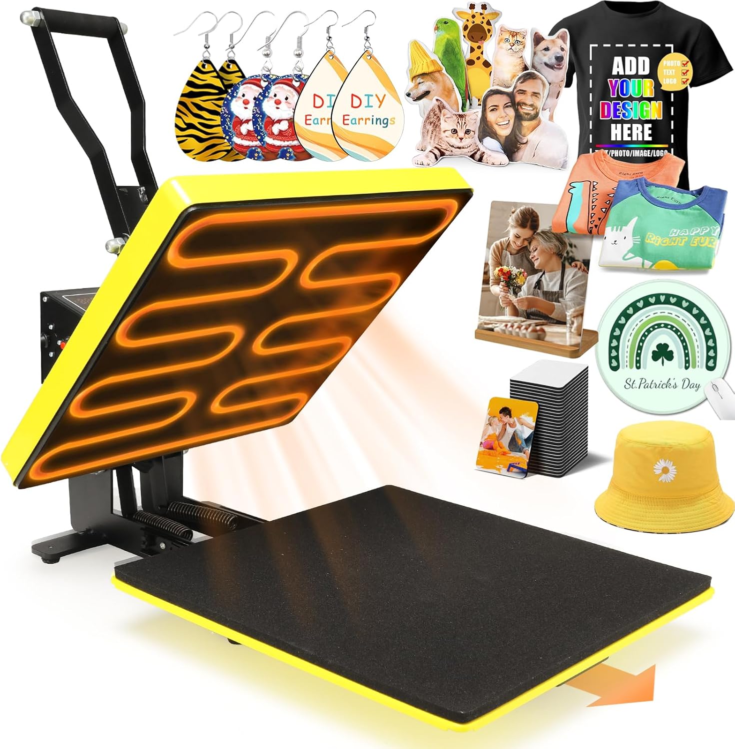 Whubefy Heat Press Machine for T Shirts 15x15 Slide Out Drawer with Counting Function & 3 Pre-Set Modes, Pressure Knob, Digital Industrial Clamshell Sublimation Printer Heat Transfer Vinyl DIY Yellow