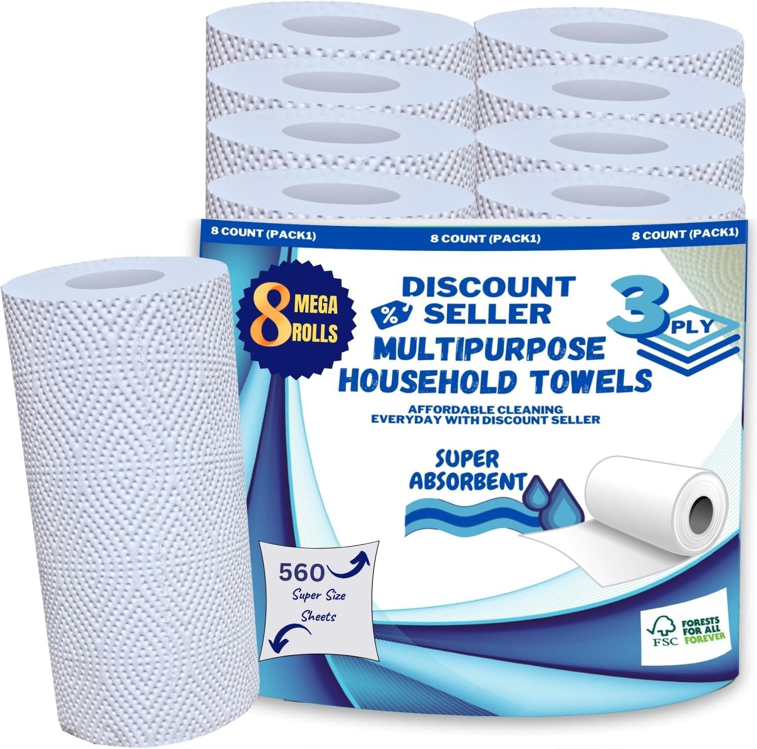 Discount Seller Ultra Absorbent Kitchen Rolls—Pack of 8 Rolls (560 Sheets) 3-ply Super Strength Kitchen Towels Paper Roll for Big Spillages, Greases & Pet Accidents, 70 Tissue Sheets Per Roll