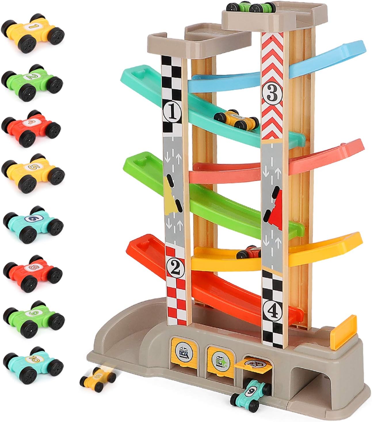 Veluoess Ramp Racer Toy with 8 Mini Cars and 3 Car Garage, Race Track Car Ramp Toy Includes Top Parking Lot Educational Toy for Kids 3+