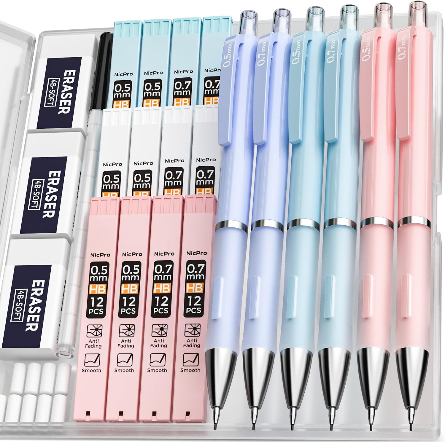 Nicpro 6PCS Pastel Mechanical Pencil Set 0.5 & 0.7 mm with 12 tubes HB Lead Refills, 3 Erasers, 9 Eraser Refills For School Writing, Drawing, Sketching, 3 Colors - With Case