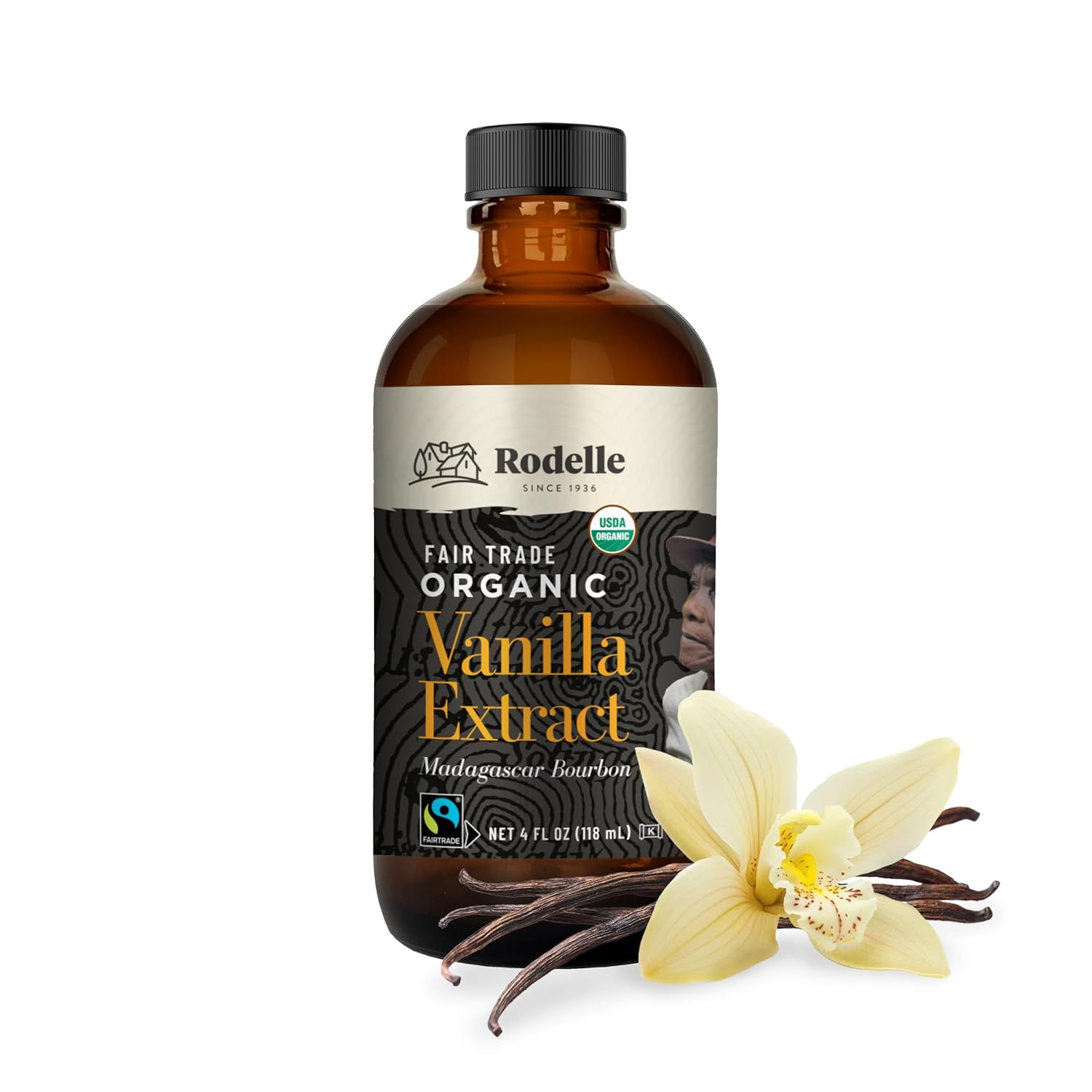 Rodelle Fair Trade Organic Pure Vanilla Extract Gluten Free Made in USA, 4 Ounce