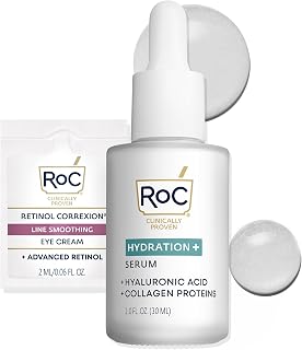 RoC Hydration+ Hyaluronic Acid Serum for Face, Hydrating, Plumping, Fragrance Free, Lightweight Formula with Collagen Proteins (1 Ounce) with Retinol Eye Cream Packette