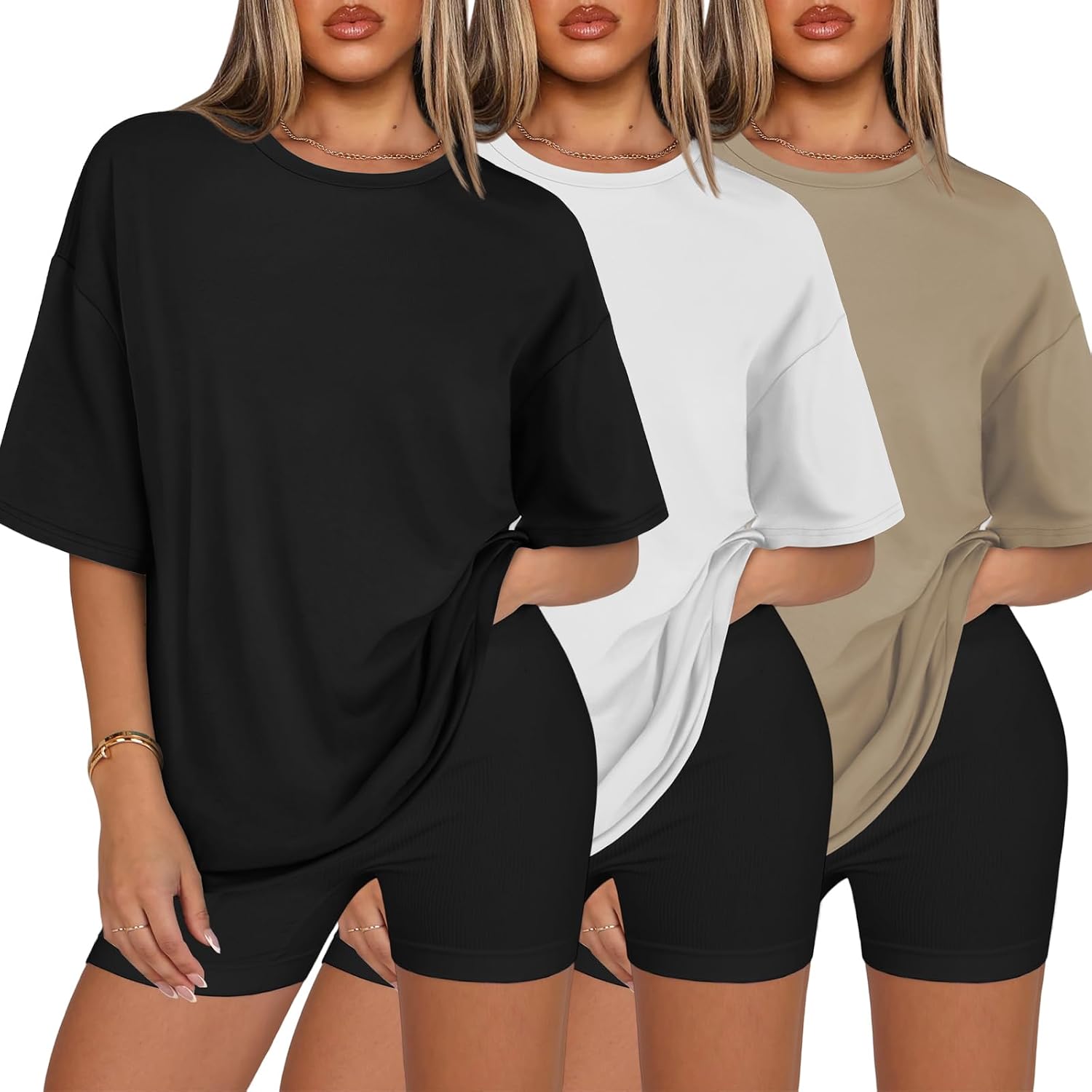 3 Packs Womens Oversized T Shirts Loose Fit Crewneck Short Sleeve Tops Summer Casual Blouse 2025 Y2K Basic Tee Beach