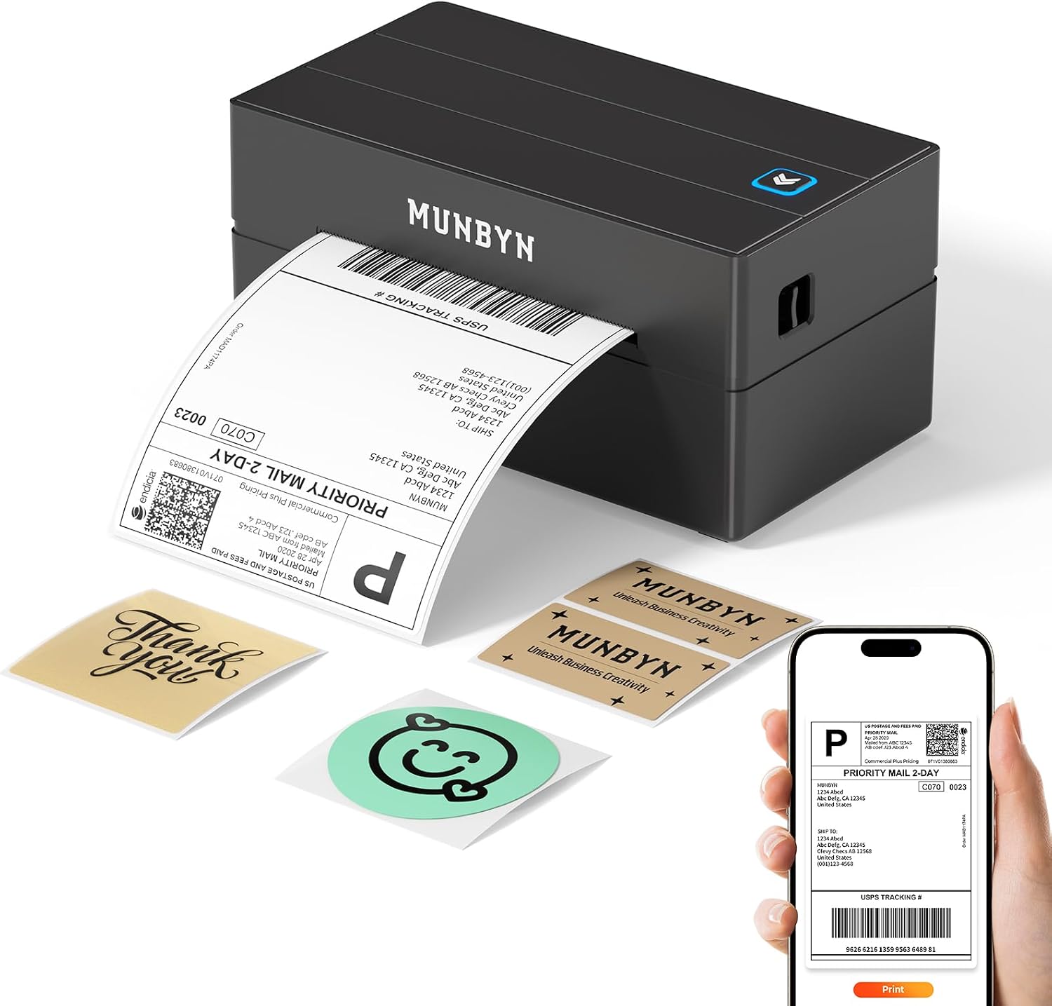 MUNBYN Shipping Label Printer Bluetooth, Postage Thermal Label Printer 4x6 for Business, Compatible with Etsy, Shopify, Royal Mail, DHL, DPD, Evri, with 25 Labels, 130B, Black
