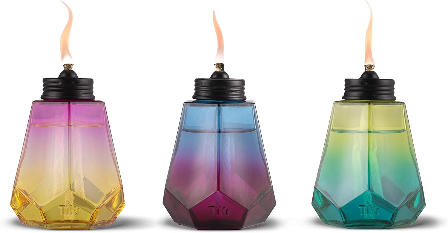 TIKI 3-Pack Royal Ombre Tabletop Torches, 5.25" – Purple, Yellow & Green Outdoor Torches for Patio & Backyard | Weather-Resistant | Includes Long-Lasting Wick & Snuffer