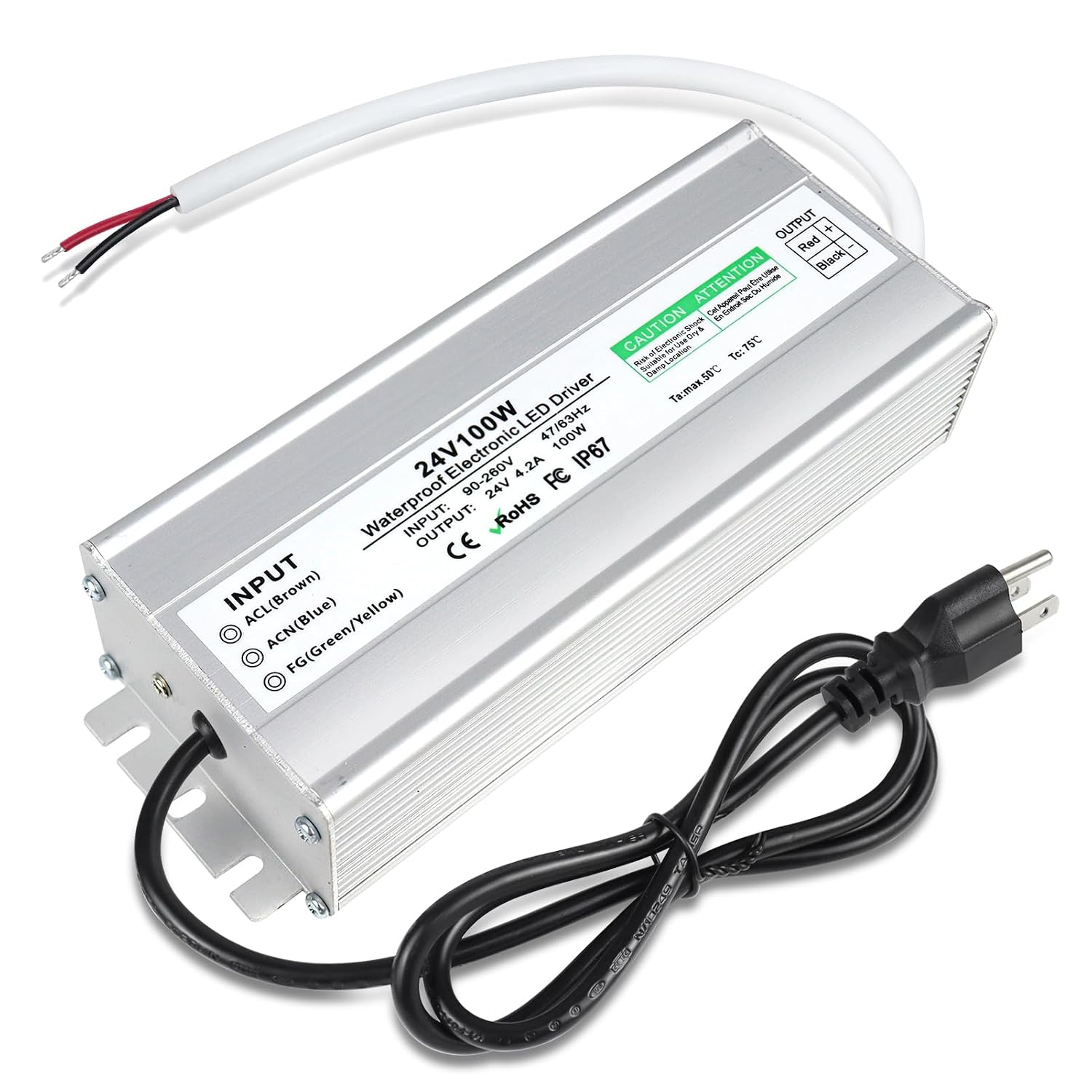 LED Power Supply 24V 100W, Waterproof IP67 LED Driver, LED Transformer with 3-Prong Plug 3.3 Feet Cable for LED Light, Computer Project, Outdoor Light, 4.2Amp