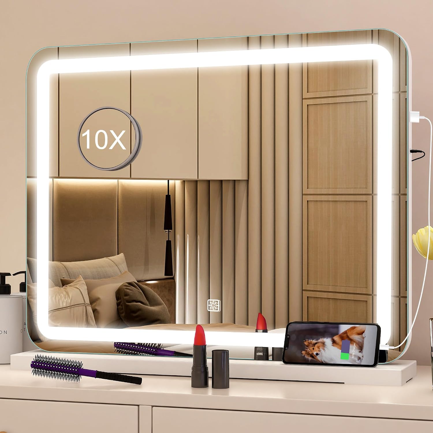 22.8" x 18.2" Makeup Mirror with Lights and 10X Magnification, 3-Color Dimmable LED Lighting & Touch Control, USB Charging Port for Travel/Dressing Room