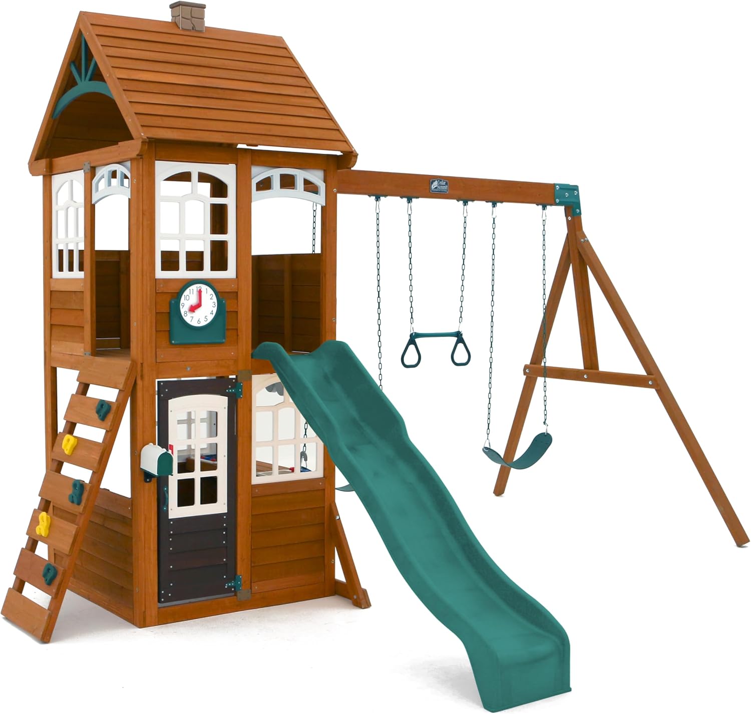 KidKraft Kennedy Springs Wooden Outdoor Swing Set with Slide and Rock Wall