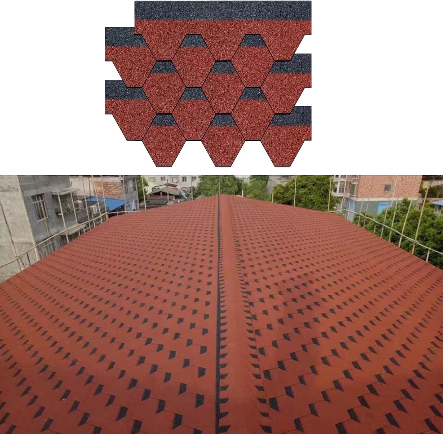Double Layer Waterproof Asphalt Roof Shingles 39.37x12.79, 21pcs Red Adhesive Roofing Tiles for Home Shed Repair & Balcony Renovat, & Slish Roofing Solut