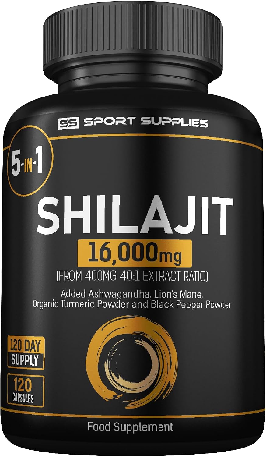 Shilajit Capsules 16,000mg -120 Days Supply - 60% Fulvic Acid - Added Ashwagandha, Lions Mane, Turmeric and Black Pepper - High Strength Himilayan Shalajit