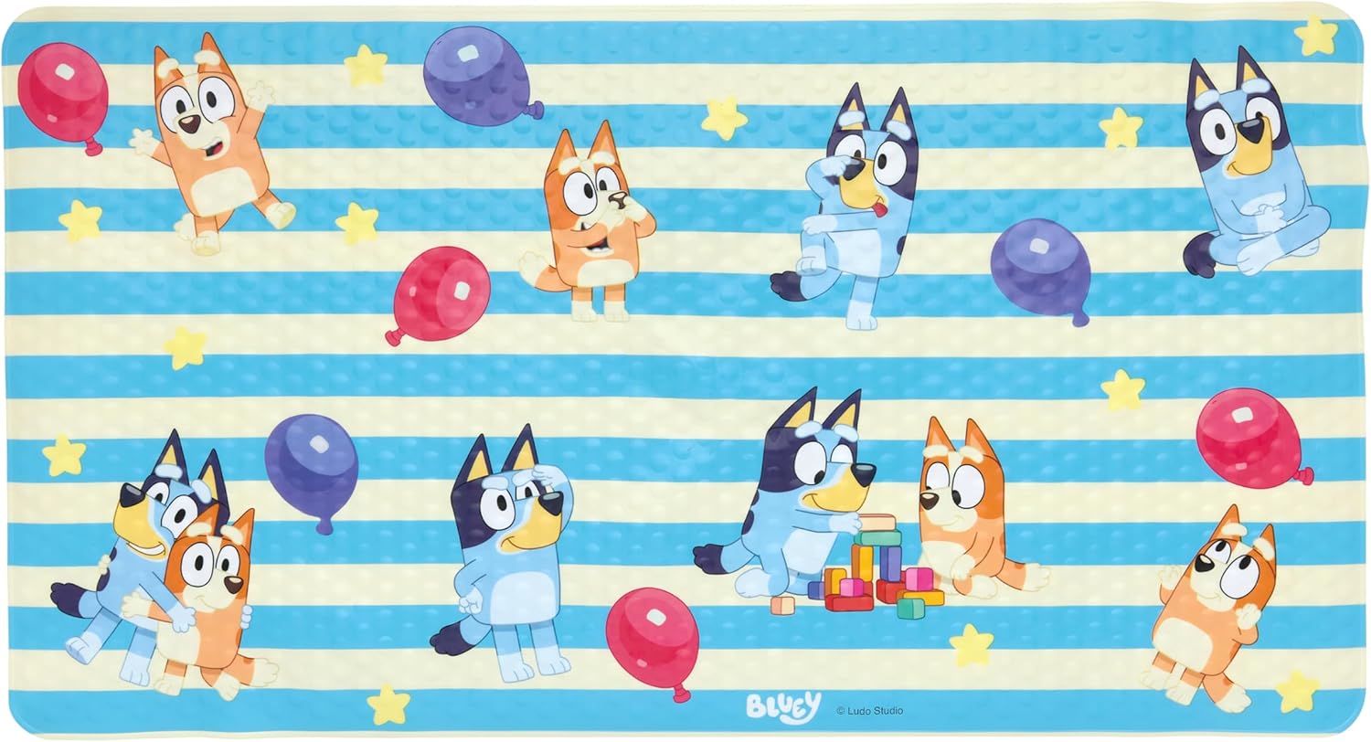 Bluey Bath Mat for Kids, Toddlers and Babies, 15.5 by 22 Inch, Non Slip, Bathtub Mat with Suction Cups, Machine Washable, Cushioned to Protect, Easy to Clean, Official Bluey Characters