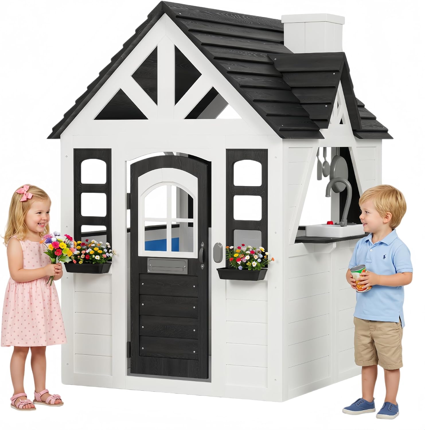Aoxun Kids Outdoor Playhouse Wooden Play House with Play Kitchen,Doorbell | Toddler Playhouse for Kids Ages 3+ with Pet Door,Snack Bar,Toy Mail Slot,Flower Pots,Clock,Blackboard for Backyard