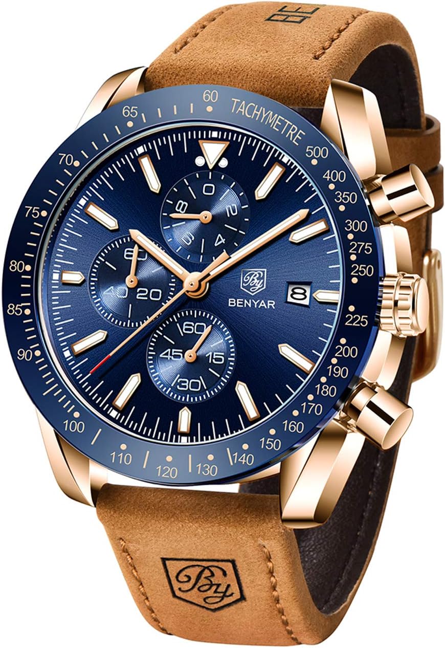 BENYAR Men's Watch Quartz Sports Chronograph Fashion Business Luxury Brand Waterproof Watch Analog Date Men's Brown Leather Watch for Men