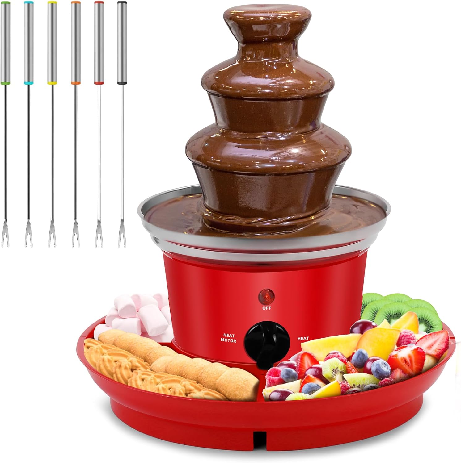 MINI Chocolate Fondue Fountain, 32-Ounce Stainless Steel Electirc Chocolate Fondue Set, 3-Tier Chocolate Melting Foundue Set with 6 Stainless Steel Forks for Chocolate, Butter, Candy (Red+Sliver)
