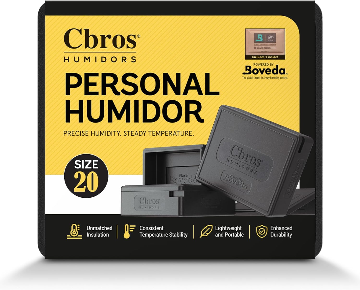 Cbros Humidor 69% Two- Way Humidity Control Box Powered by Boveda, Moisture Absorber, Maintain Freshness and Consistent Temperature Size (Size 20)