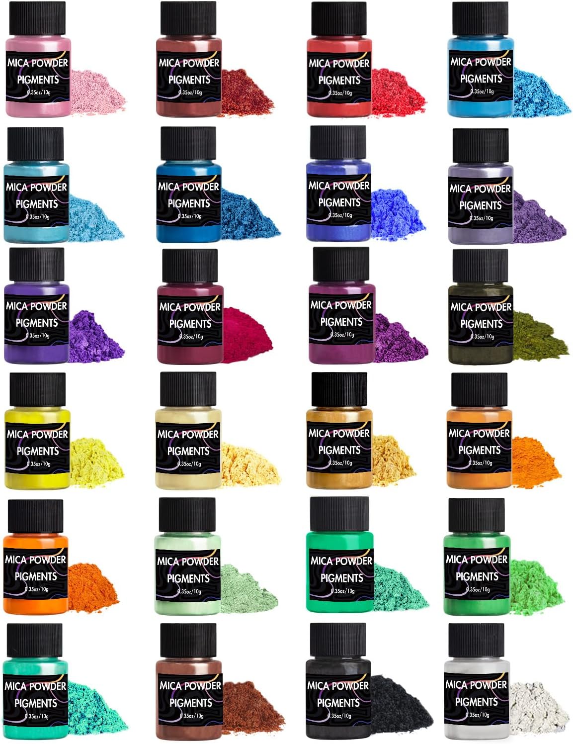Mica Powder, 24 Colors Pearlescent Pigment Powder for Epoxy Resin, 240g Pearl Pigment Set​​ for Soap Making, Bath Bomb, Candle Making, Art Crafts, Lip Gloss, Nail Polish, Dye