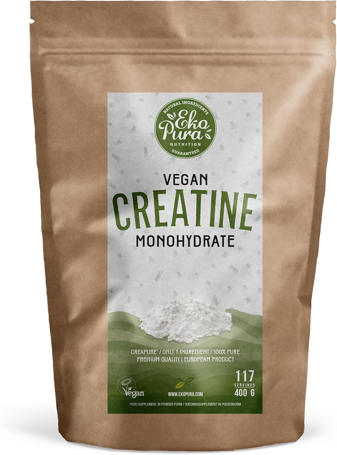 Vegan Creatine Monohydrate (Creapure®) by Ekopura | European Product, 100% Pure and Clean | 400g, 117 Servings