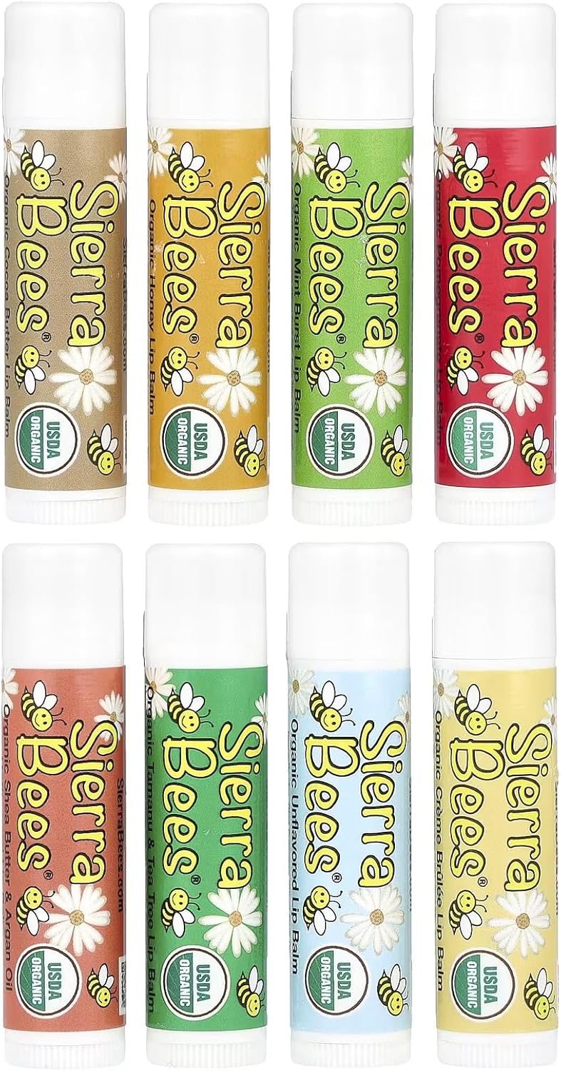 Organic Lip Balm - Variety 8 Pack by Sierra Bees - Cocoa Butter, Honey, Mint Burst, Pomegranate, Shea Butter & Argan Oil, Tamanu & Tea Tree, Unflavoured and Vanilla
