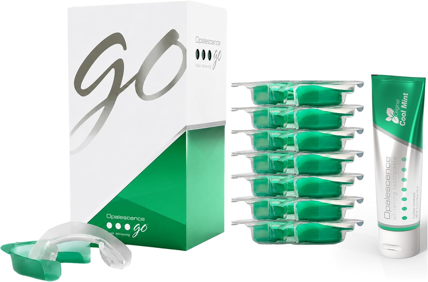 Opalescence GO 15 Whitening Bundle - (7 Treatments) Hydrogen Peroxide Prefilled Teeth Whitening Trays and Travel Original Whitening Toothpaste 1 Oz - Mint Flavor - 6238-1