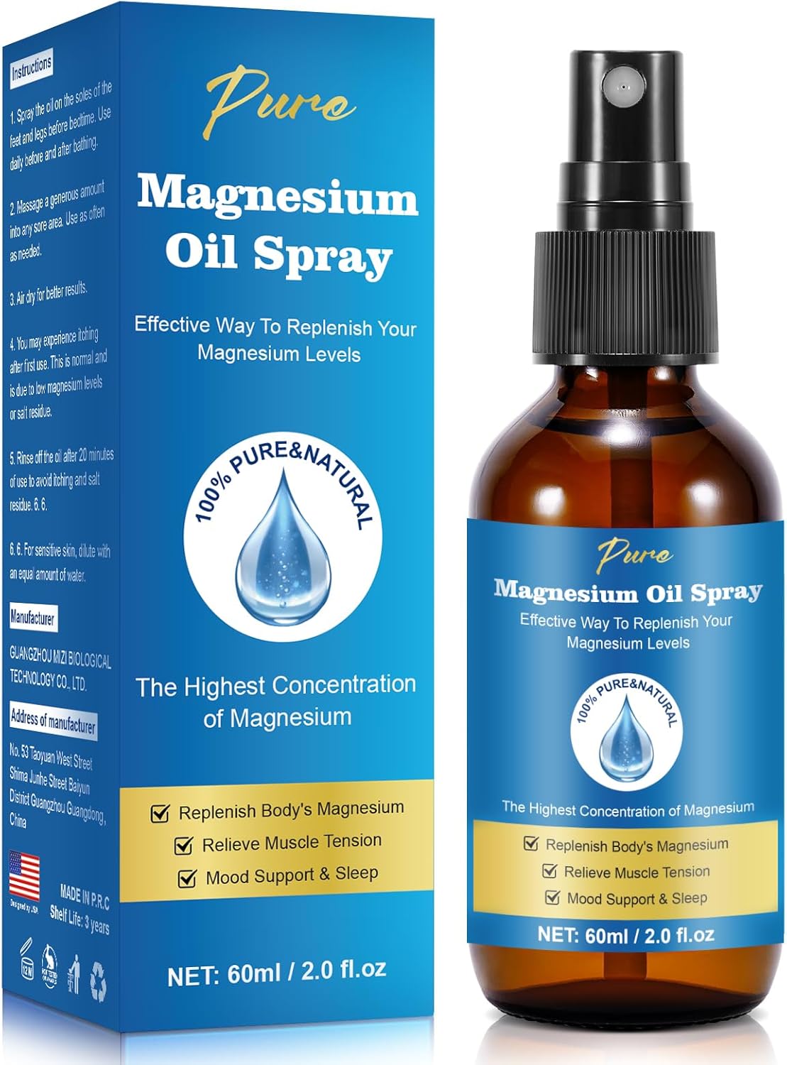 Pure Magnesium Oil Spray,Magnesium Spray,100% Pure Magnesium Chloride,2 fl oz/60ml,Naturally Sources,or Sports, Relaxing & Sleep,Nourishes The Skin, Easy to Absorb and Use