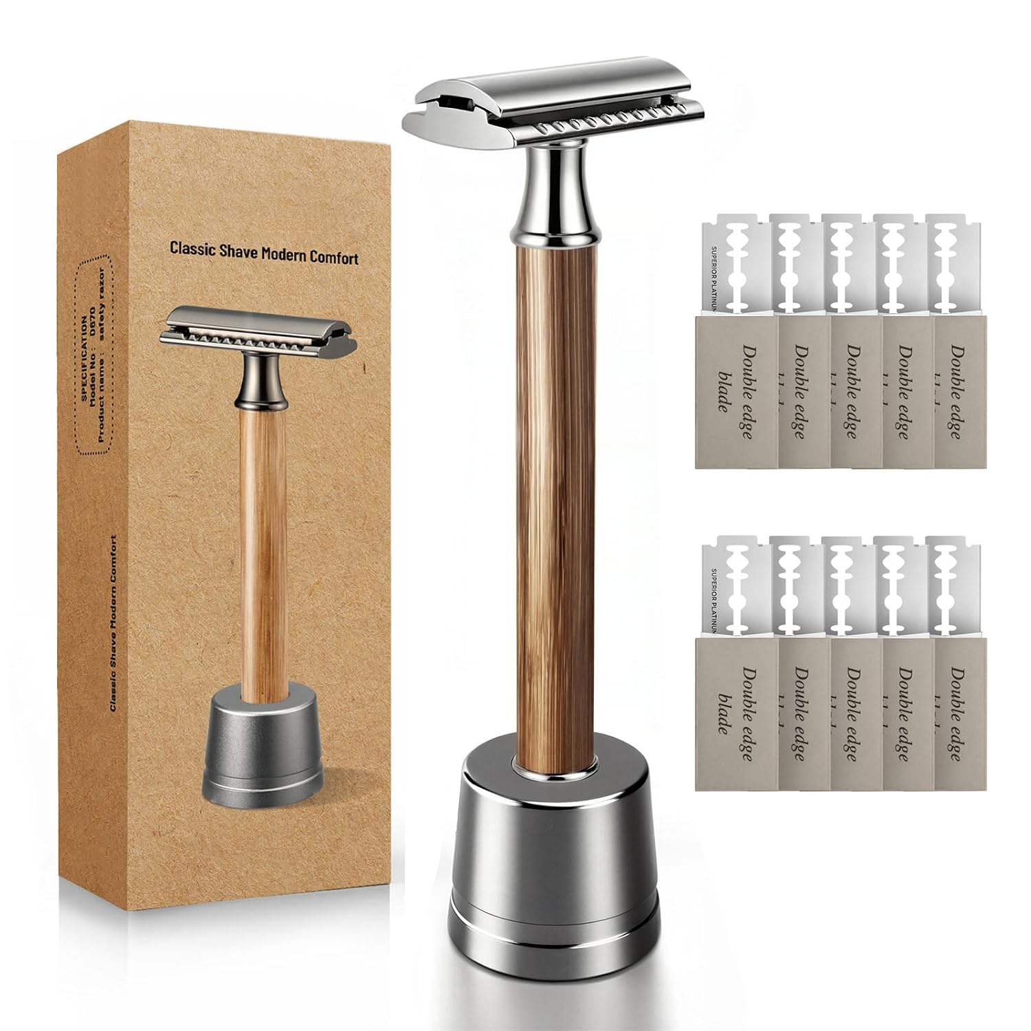 Double Edge Safety Razor: Eco-Friendly Single Blade Razors for Men & Women, 𝐁𝐚𝐦𝐛𝐨𝐨 𝐇𝐚𝐧𝐝𝐥𝐞 Metal Razor for Smooth Daily Shaving - 𝟏𝟎 𝐁𝐥𝐚𝐝𝐞𝐬 Included, Gifts for Father's Day