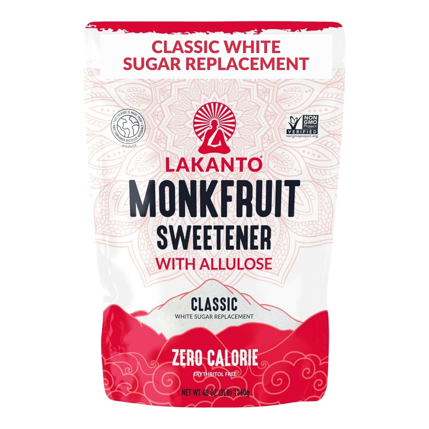 Lakanto Classic Monk Fruit Sweetener With Allulose, White Sugar Substitute From Monk Fruit Extract for Baking, Coffee & Tea, Gluten Free, Zero Calorie, Low Carb, Non GMO, Keto, Classic White, 3 LB Bag