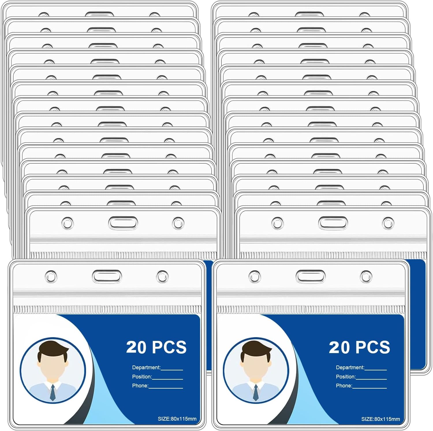 20pcs Plastic Card Holder for Lanyard, Horizontal Clear ID Badge Holders