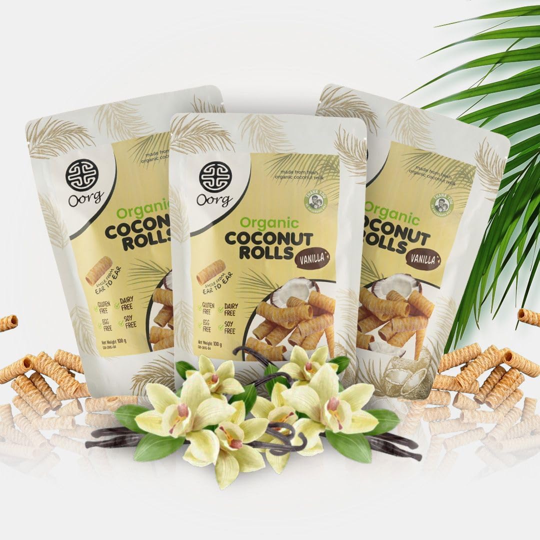 'OORG Organic Coconut Rolls, 100g x 6 Packs, Made in Sri Lanka | Vegan, Gluten-Free, Non-GMO, Vegetarian, Dairy Free Vanilla, BBQ, Chocolate, Ginger & Cinnamon, Original, Sour Cream & Onion (Vanilla)