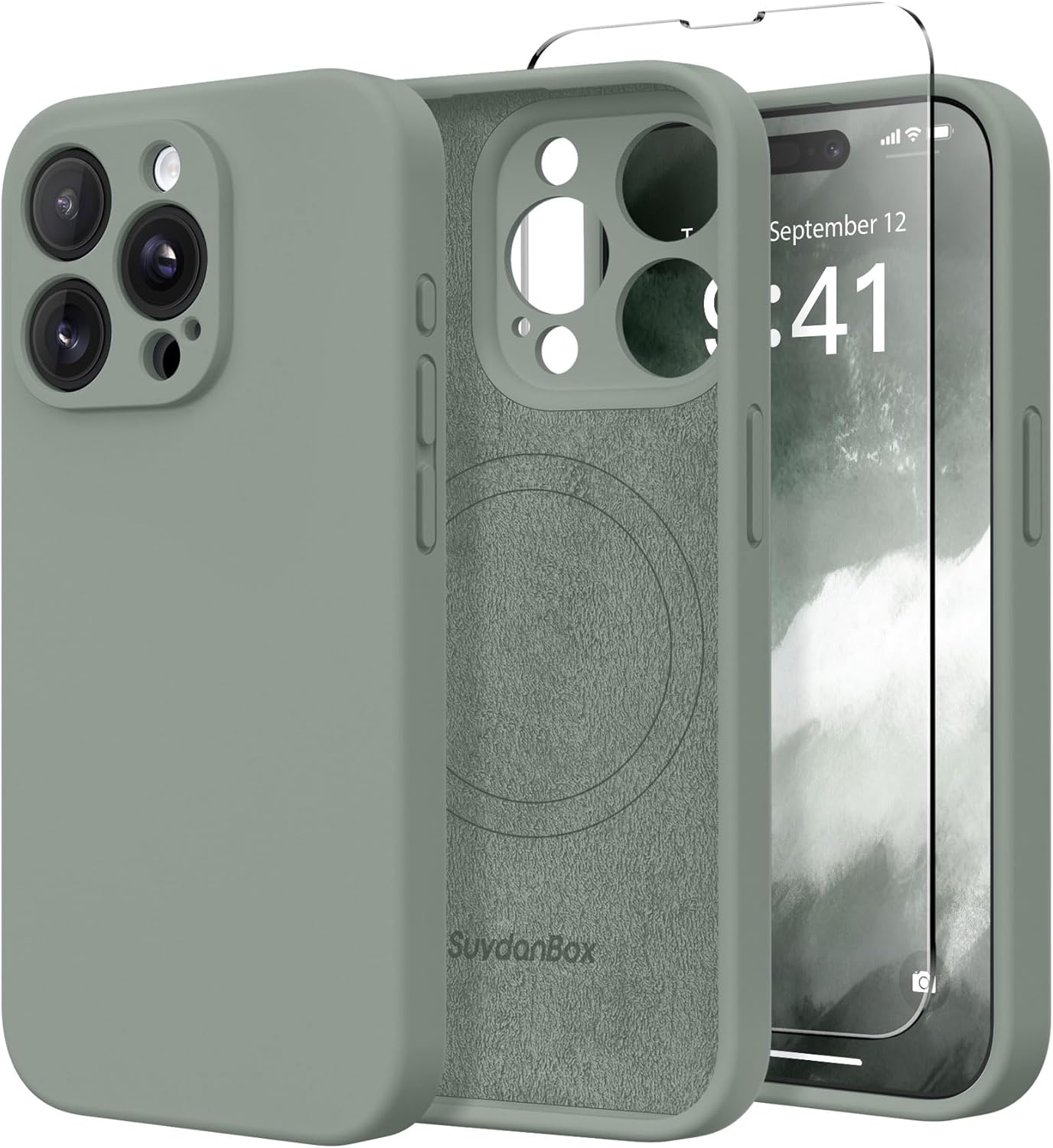 Magnetic for iPhone 15 Pro Case, Compatible with MagSafe, [Full Camera Protection][Screen Protector] Silicone Shockproof Protective Phone Case for iPhone 15 Pro 6.1", Calke Green