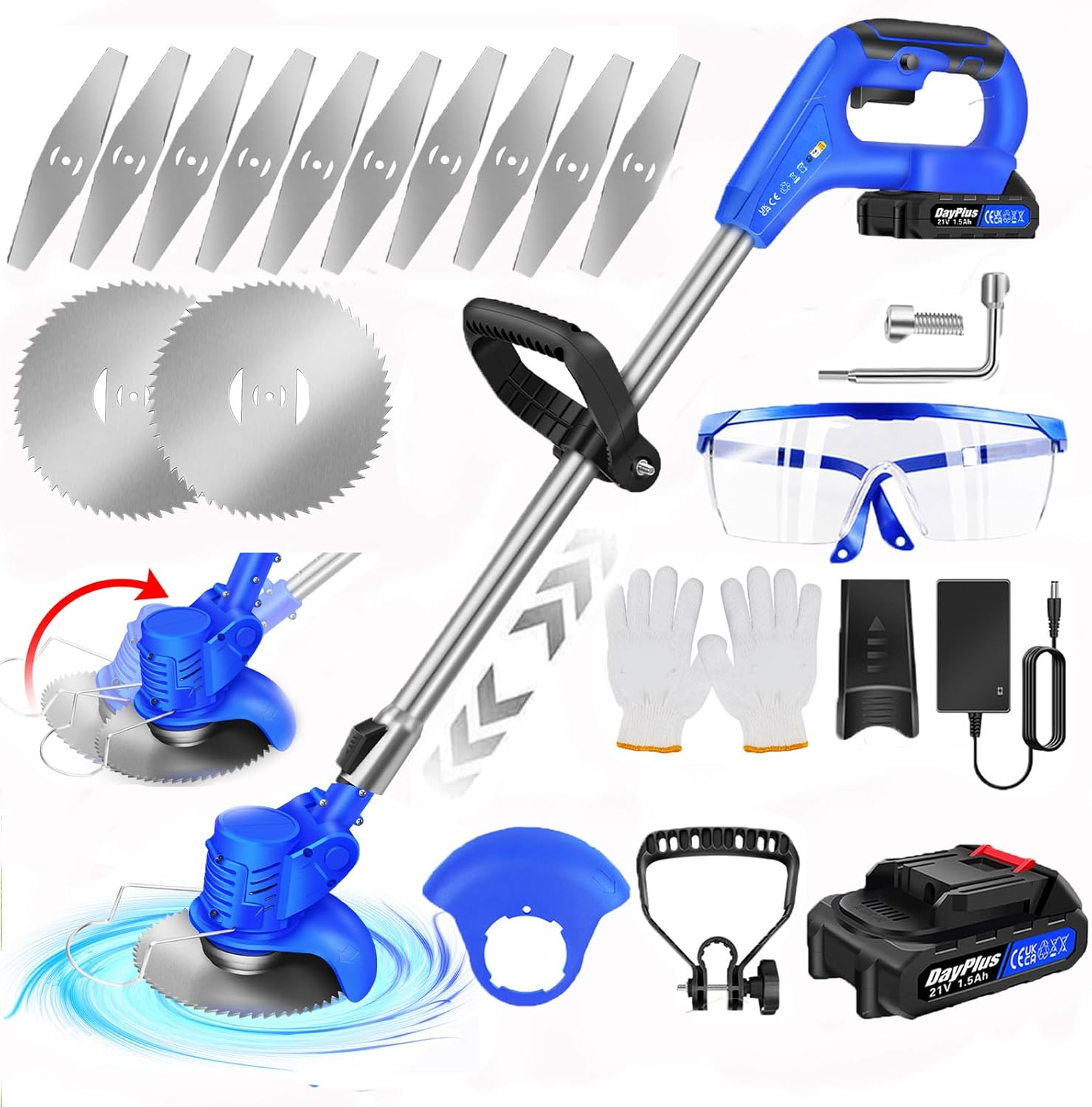 Metal Blade Cordless Strimmer 21V Grass Trimmers With 10 Metal Blades 125mm Cutting Diameter Cordless Strimmer for Lawn Garden (1 Battery)
