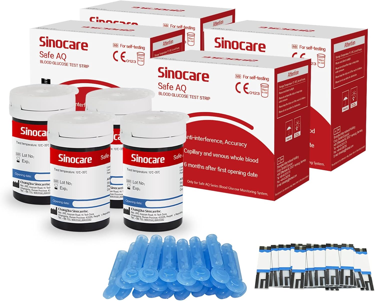 Sinocare 100pcs Blood Glucose Test Strips & 100pcs Lans., Blood Sugar Test Strips for Safe AQ Smart and Safe AQ Voice (Safe AQ Strips- 100)