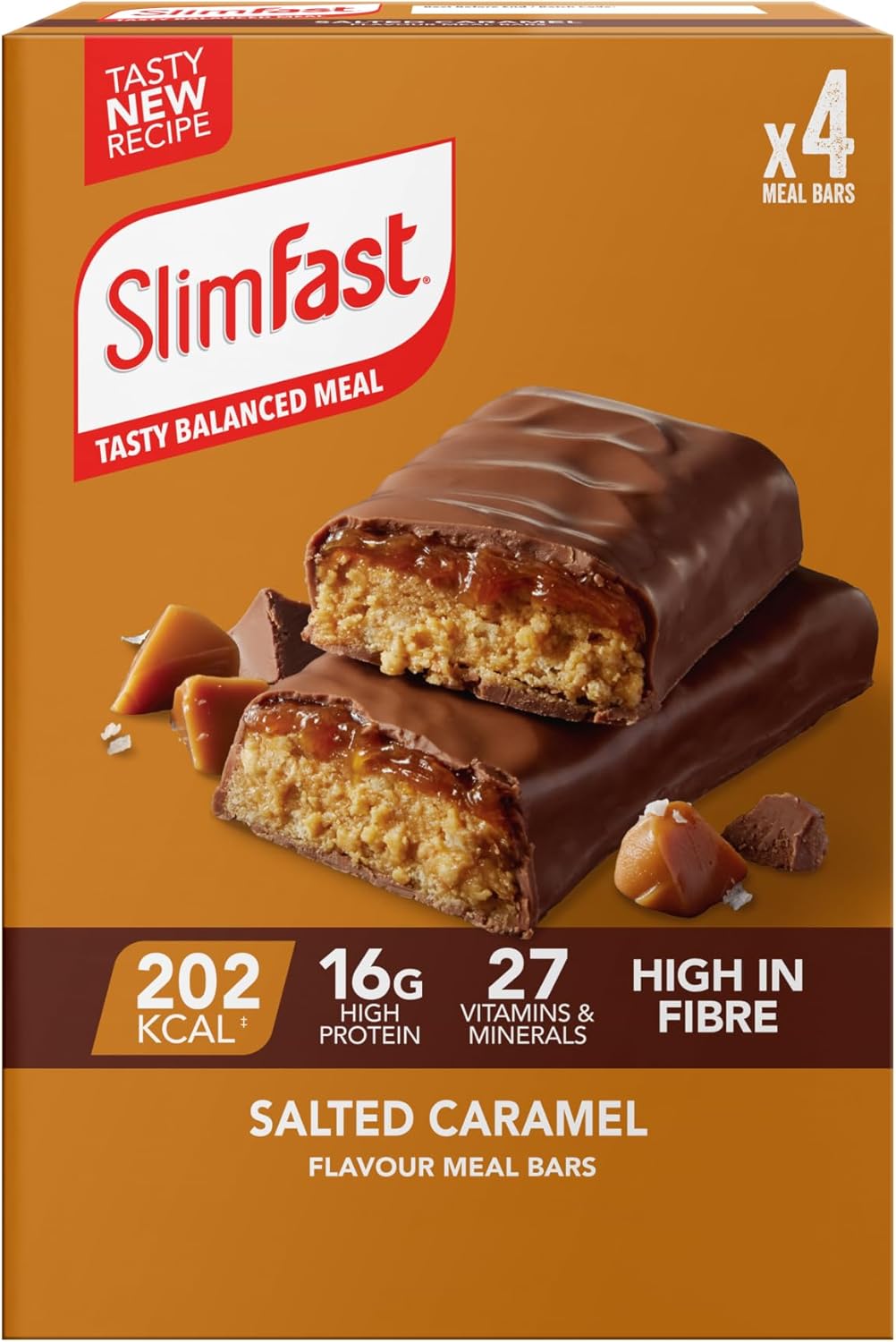 SlimFast Salted Caramel Meal Bar, 16 g Protein, 202 Calories, 27 Vitamins & Minerals, Have as a Meal Replacement for Weight Management or as a High-Protein Snack for Work, Gym & Travel, 4x60 g