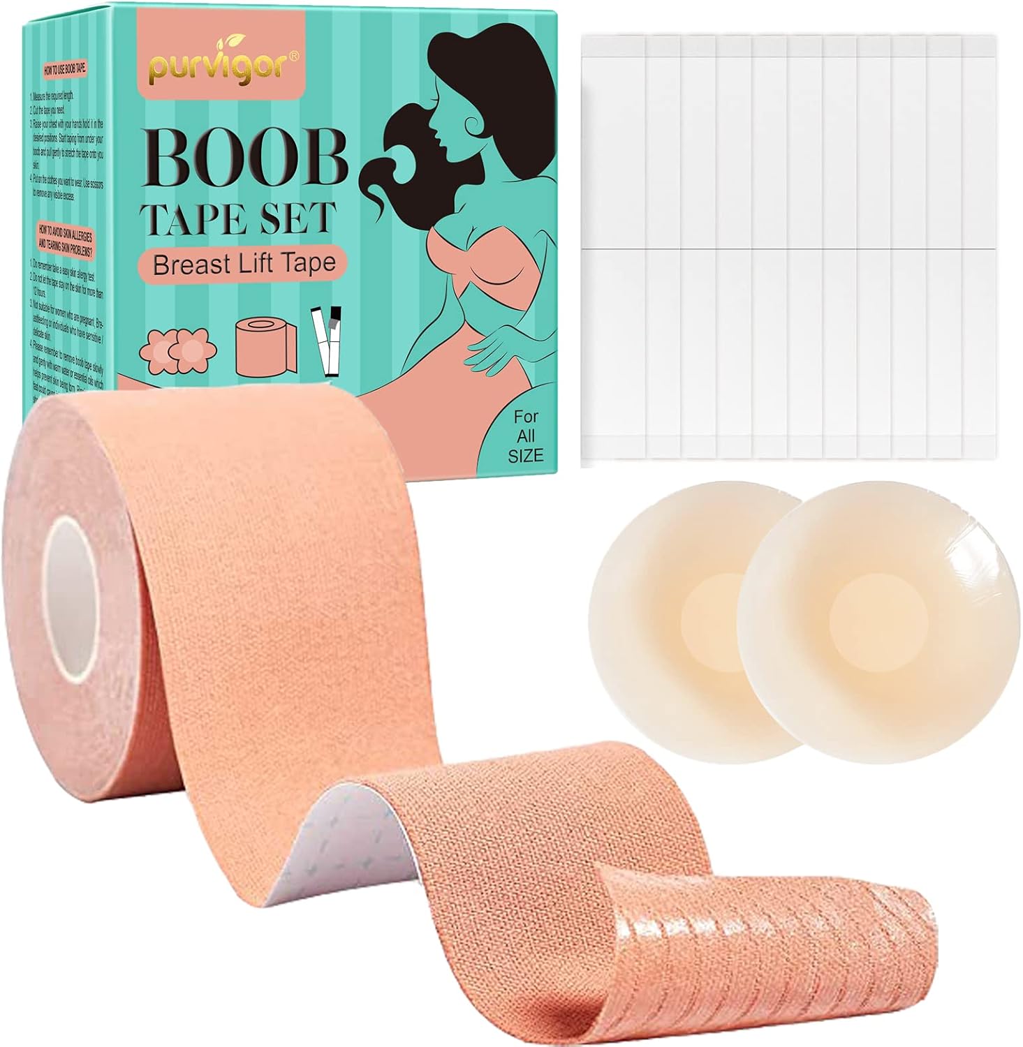 Bieyoc Boob Tape, Boobytape for Breast Lift, Bob Tape for Large Breasts, Suitable for A-F, Breast Lift Tape with 1 Pair Silicone Nipple Covers and 40 Pcs Double Sided Tape, Bob Tape for Breast Lift