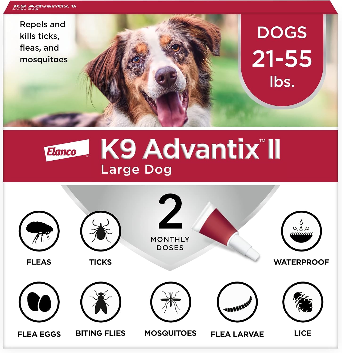 K9 Advantix II Large Dog Vet-Recommended Flea, Tick & Mosquito Treatment & Prevention | Dogs 21-55 lbs. | 2-Mo Supply (Packaging may vary)