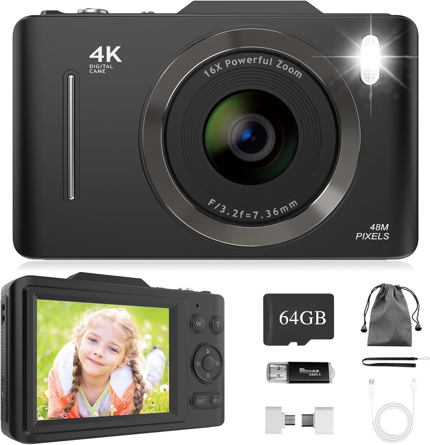 Digital Camera 4K - FHD 48MP Compact Digital Cameras with 2.8" LCD Screen, 64GB SD Card/ 16X Digital Zoom/Anti Shake, Portable Autofocus Vlogging Camera for Kids Teen Students Beginner (Black)