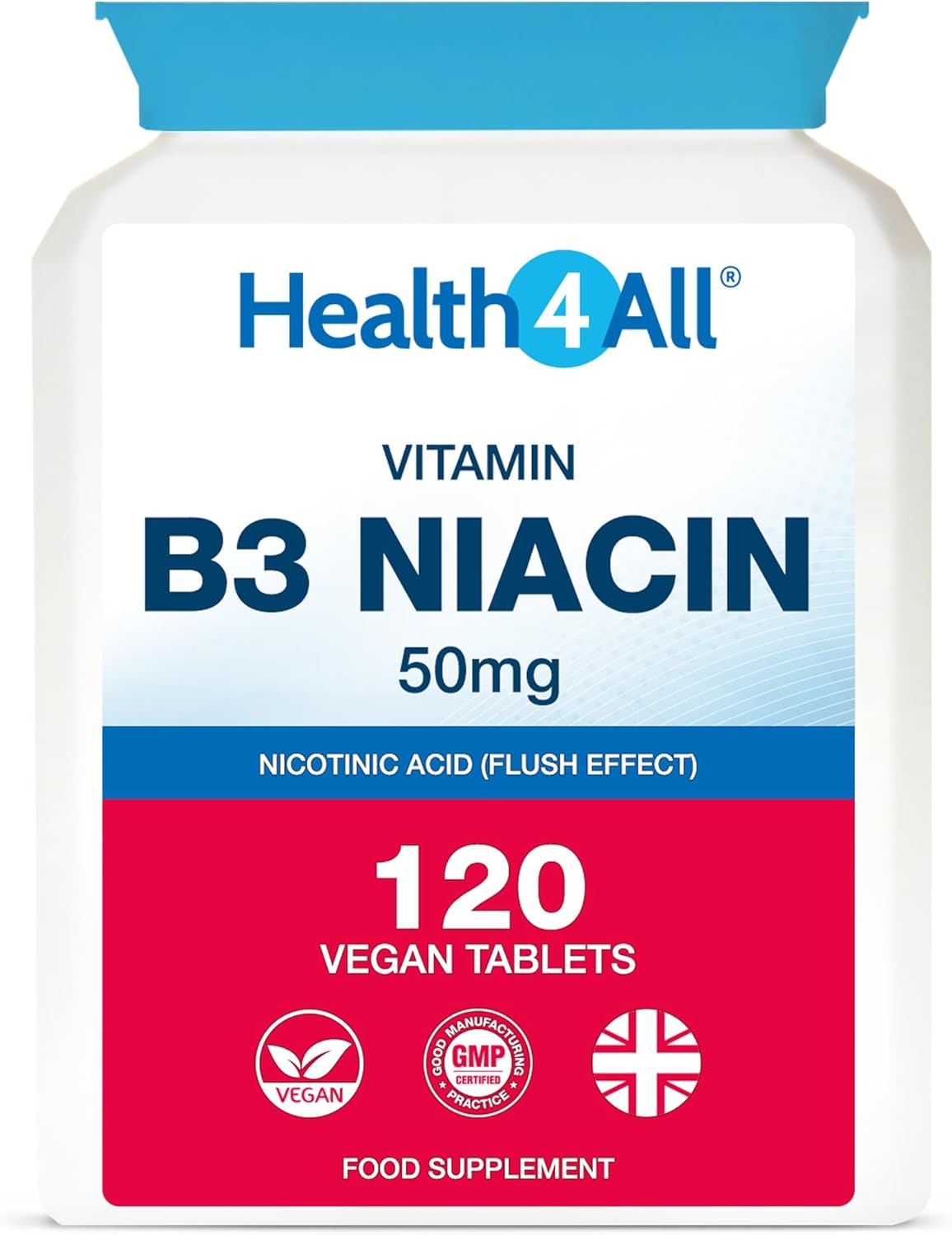 Health4All Vitamin B3 Niacin as Nicotinic Acid (Flush Effect) 50mg 120 Tablets 4 Months Supply, Vegan Niacin Flush Supplement, Cholesterol Support Supplement, Reduce Tiredness and Fatigue | Made in UK