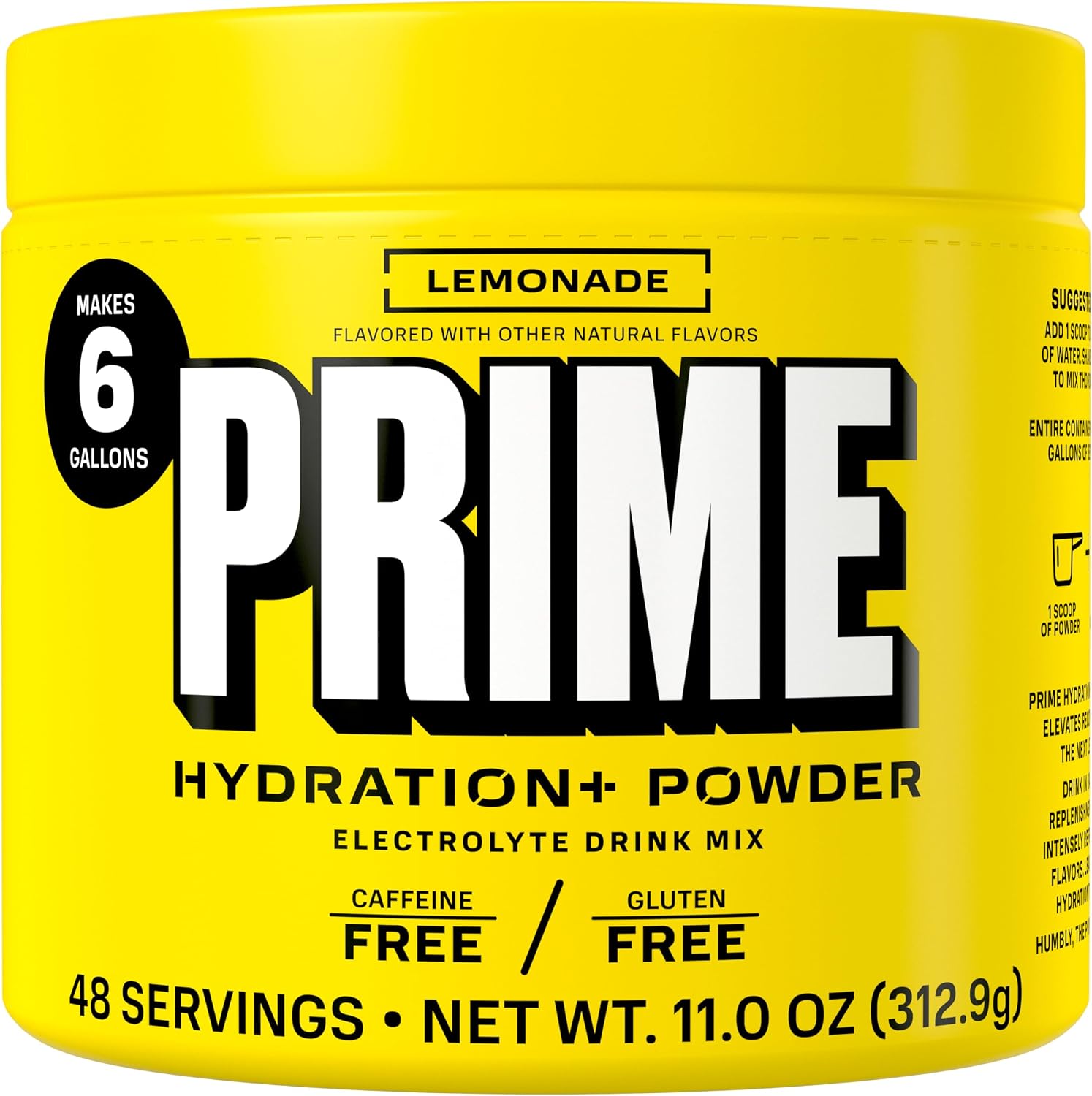 PRIME HYDRATION+ Electrolyte Powder, Lemonade, Sugar Free Hydration Drink Mix with Potassium, Magnesium & B Vitamins to Replenish Fluids, Caffeine Free, 6 Gallon Tub, 48 SRV