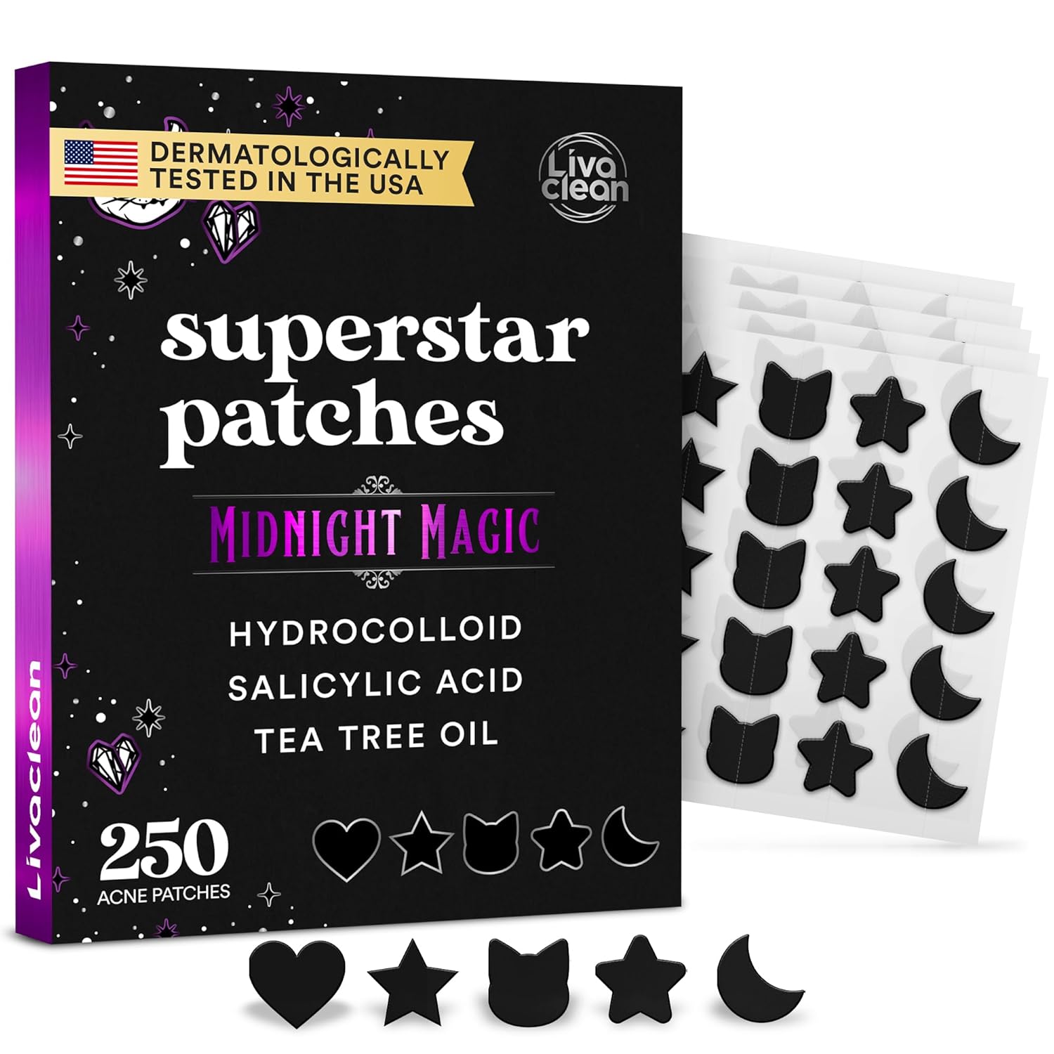 250CT Black Star Pimple Patches for Face - Midnight Magic Hello kitty Pimple Patches w/Salicylic Acid & Tea Tree Oil - HSA/ FSA Compliant Hydrocolloid Acne Patch, Cute Face Stickers, Zit Patch